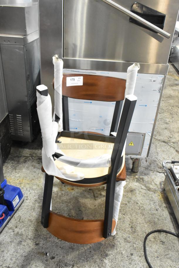 Cambro metal dining chair with wooden back and seat, brand new condition, partially wrapped, tag marked "175 QTY X1".