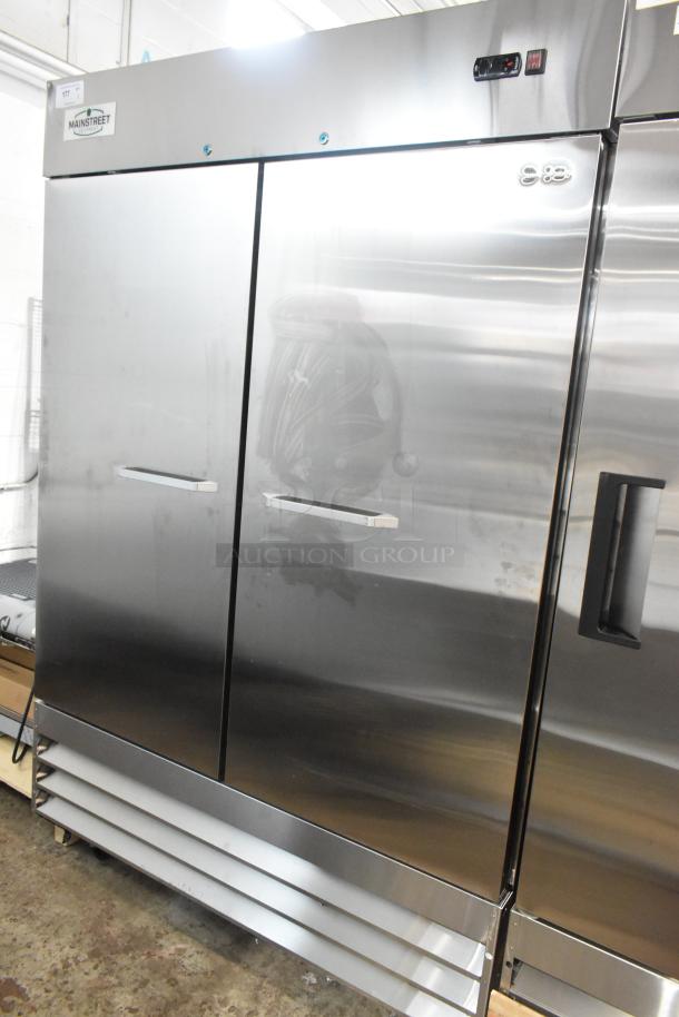 BRAND NEW 2024 Mainstreet 829BMR49F stainless steel 2-door reach-in freezer, poly-coated racks, on commercial casters.