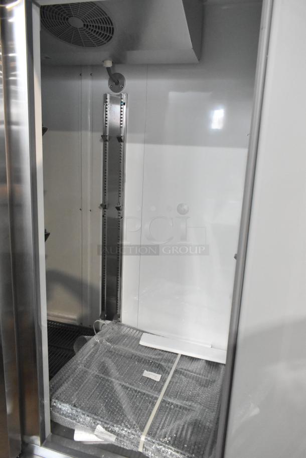 Mainstreet 829BMR49F stainless steel 2-door reach-in freezer, brand new, with poly-coated racks and commercial casters.
