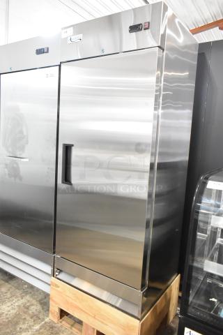 Avantco stainless steel commercial freezer, model 178A19FHC, single door, poly coated racks, on commercial casters.