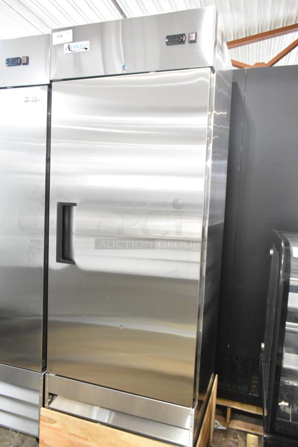 Avantco 178A19FHC stainless steel single door reach-in freezer, scratch and dent, poly-coated racks, commercial casters, 115V.