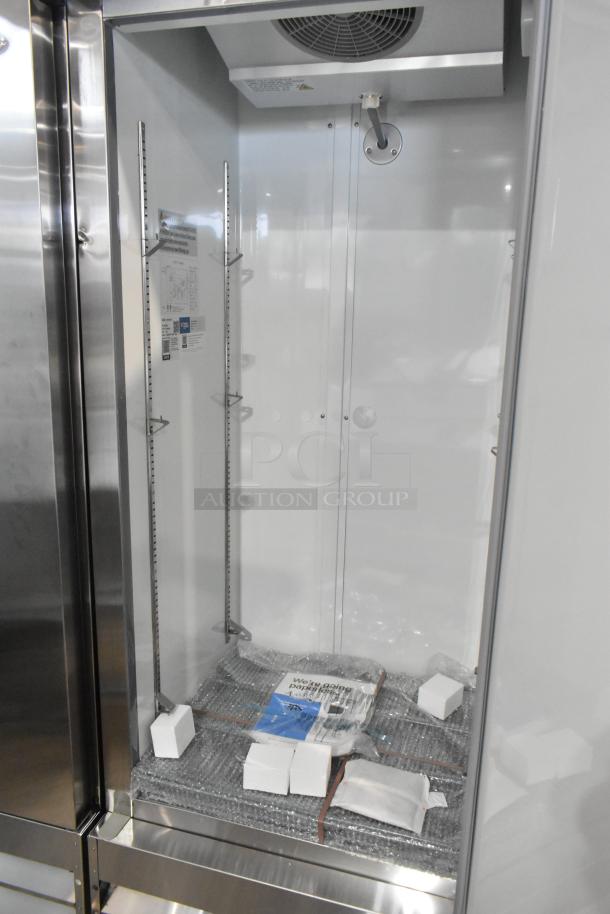 Avantco 178A19FHC stainless steel single door reach-in freezer, brand new, scratch and dent, with poly-coated racks.