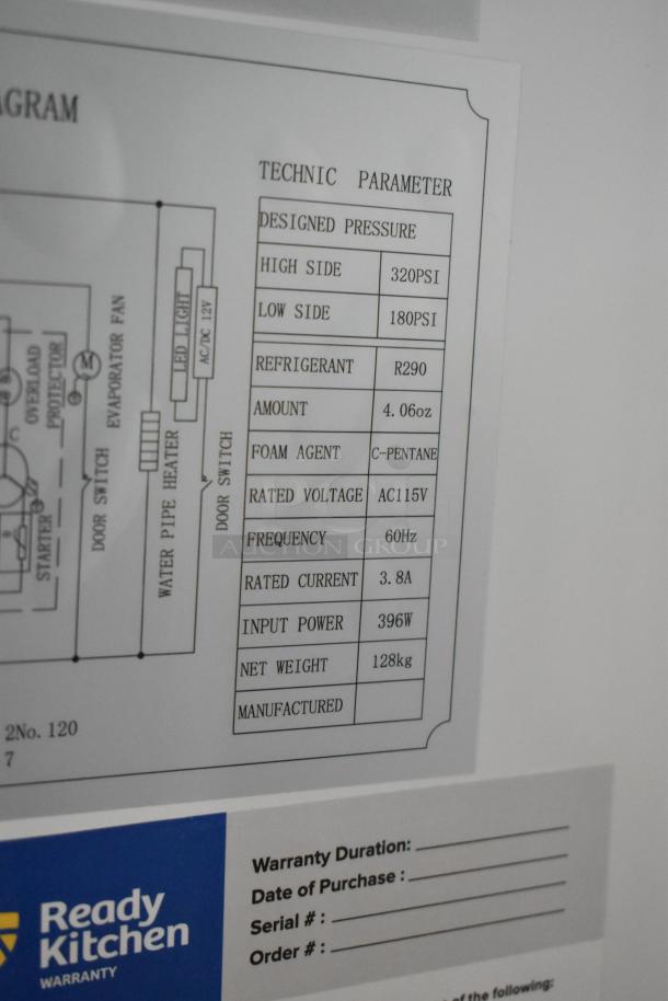 Visible specifications and warranty details for Avantco 178A19FHC commercial freezer; refrigerant R290, 115V.