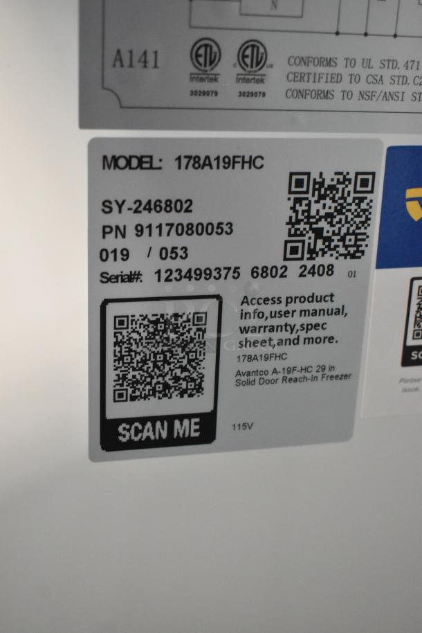 Avantco 178A19FHC label with model, serial number, and QR code. 115 volts, 1 phase, commercial reach-in freezer details.