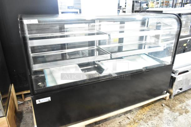 Avantco 193BC72HCB 72" black refrigerated bakery display case, curved glass, brand new with broken side panel. 115V, 1 Phase.