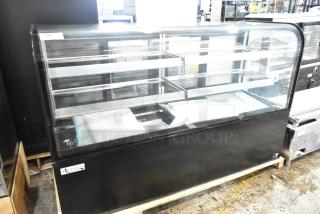 Avantco 193BC72HCB 72" black refrigerated bakery display case, curved glass, brand new with broken side panel. 115V, 1 Phase.