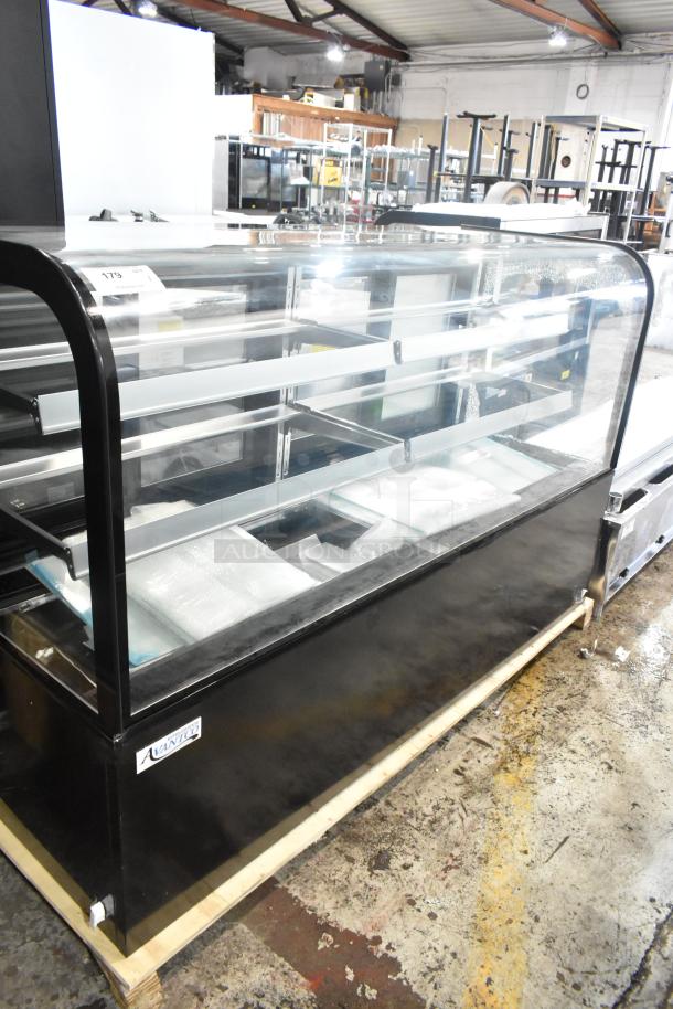 Brand new Avantco 193BC72HCB 72" curved glass refrigerated bakery display case with a broken side panel. Black finish. 115V, 1 phase.