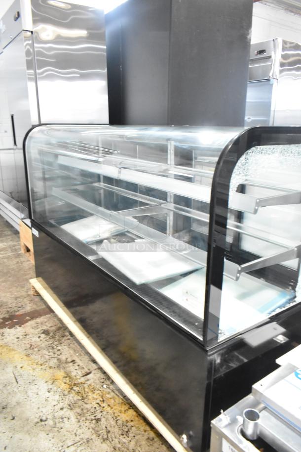 Brand new Avantco 193BC72HCB 72" black bakery display case with curved glass; note broken side panel. 115V, 1 Phase.