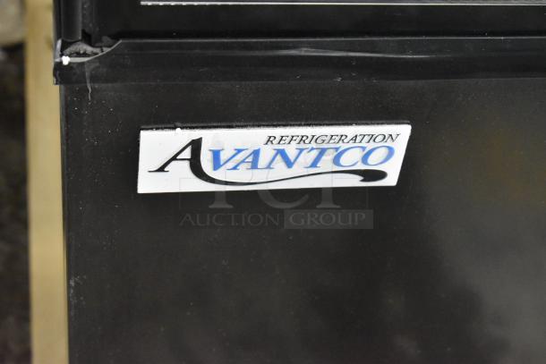 Brand new Avantco 193BC72HCB bakery display, 72" curved glass, black, refrigerated, 115V, scratch and dent, damaged side panel.