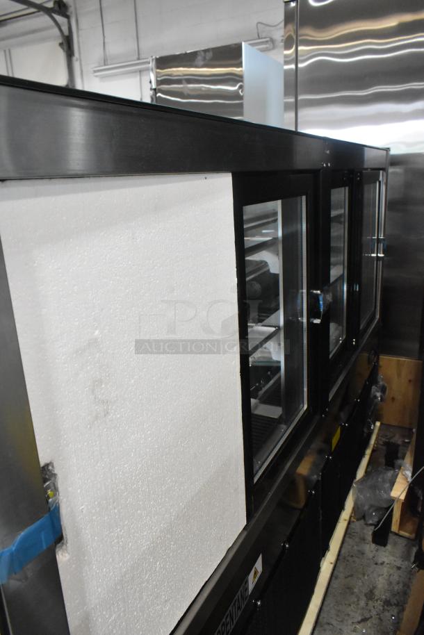 Brand new Avantco 193BC72HCB 72" refrigerated bakery display case, black, with a curved glass front. Note broken side panel.