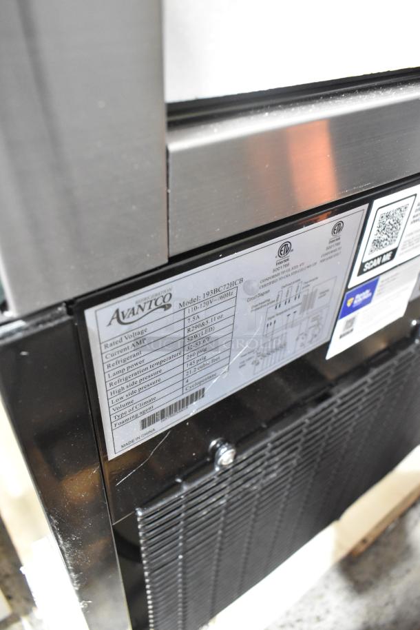 Brand new Avantco 193BC72HCB refrigerated bakery display case with visible label details. Broken side panel noted.
