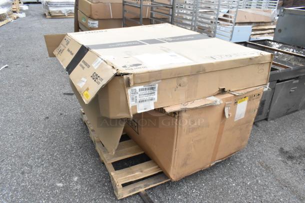 Boxed 346854 refrigerator door panel, model SKSPK480FM, new with scratch and dent marks, shipping labels visible.