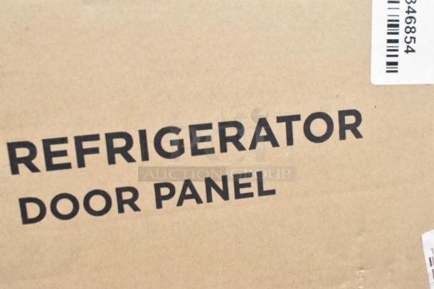 Brand new scratch and dent refrigerator door panel, model 346854, with SKSPK480FM. Box shows text and barcode.