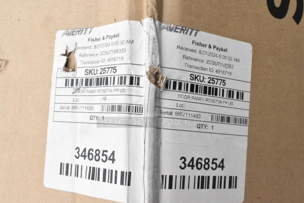Fisher & Paykel door panel RD3672A FP US, new, label shows SKU 25775, serial BRV111403, slight box wear.