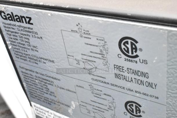Label on Galanz GLR33MBKE23 cooler; 3.3 cu. ft. capacity, 120 VAC, 60 Hz, free-standing, cyclopentane refrigerant.