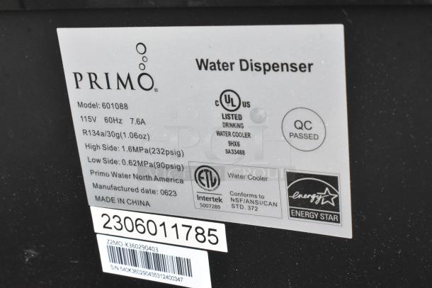 Label on Primo Water Dispenser model 601088. Shows technical specs, certifications, QC status, and manufacturing info.