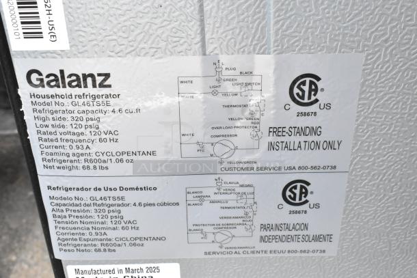 Galanz GL46TS5E refrigerator label, 4.6 cu. ft. capacity, 120 VAC, R600a refrigerant, manufactured March 2025.