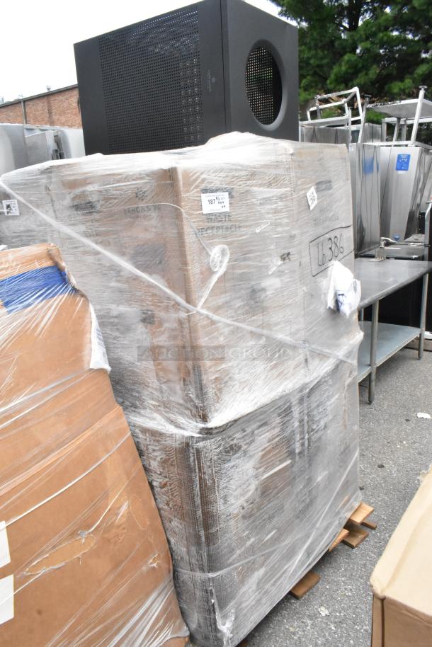 9 brand new Lancaster 475DW40SQPBK 40-gallon perforated metal trash cans. Packaged on pallets, labels indicate minor scratches.