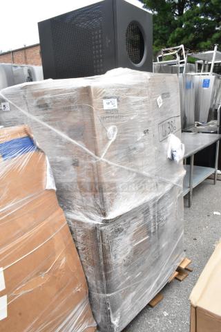 9 brand new Lancaster 475DW40SQPBK 40-gallon perforated metal trash cans. Packaged on pallets, labels indicate minor scratches.