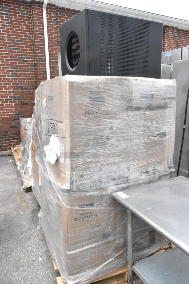Nine new Lancaster Table & Seating 40 Gallon Black Perforated Metal Trash Cans, still packaged, some scratch and dent.