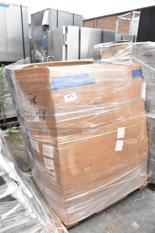 Plastic-wrapped pallet with 16 brand new scratch and dent items, including Regency 460SS2448 stainless steel shelf.