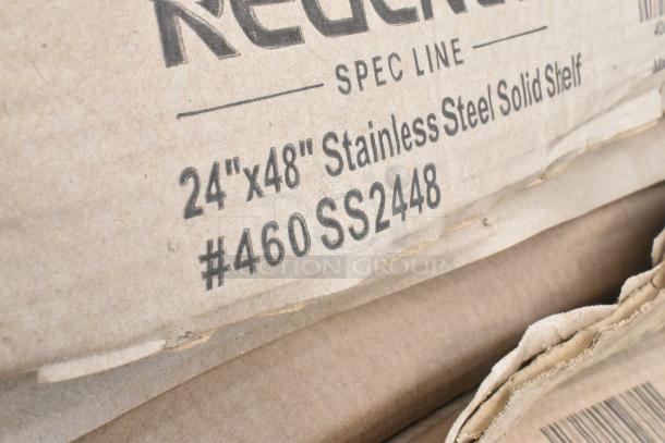 16 Regency 460SS2448 stainless steel shelves, 24"x48", brand new scratch and dent. NSF certified, solid spec line.