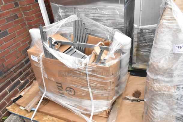 Set of 6 new Lancaster Table & Seating outdoor tables and chairs. Scratch and dent condition, in original packaging.