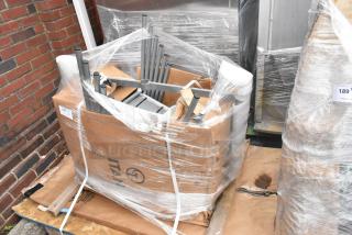 Set of 6 new Lancaster Table & Seating outdoor tables and chairs. Scratch and dent condition, in original packaging.