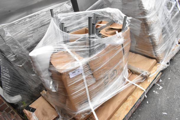6 new scratch and dent items, including Lancaster outdoor table, umbrella hole, 6 side chairs, wrapped in plastic.
