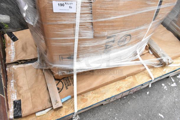 Shrink-wrapped pallet with cardboard boxes containing six new Lancaster outdoor dining sets, visible label reads "190 QTY XL."