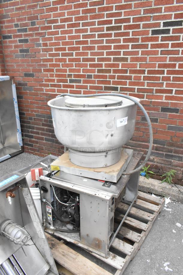4 various items on a pallet: VXD33 metal commercial mushroom exhaust hood, Ice Head unit, and Kitchen Knight II PCL-160 fire suppression tank. Slight wear visible.
