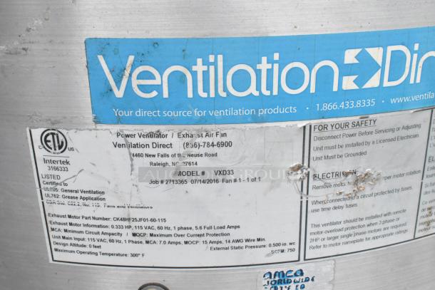 VXD33 metal commercial mushroom exhaust hood label indicating UL certification, model, and specs for ventilation use.