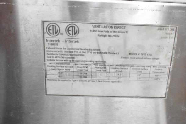5' Ventilation Direct 3012 VXLL metal grease hood label showing certifications and specifications for commercial use.