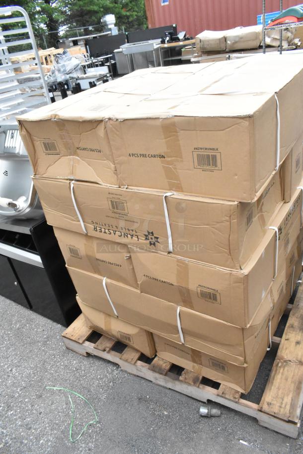 10 boxes of 4 Lancaster Table & Seating 427FCRVINBLK black resin folding chairs with vinyl seats, new, scratch and dent.