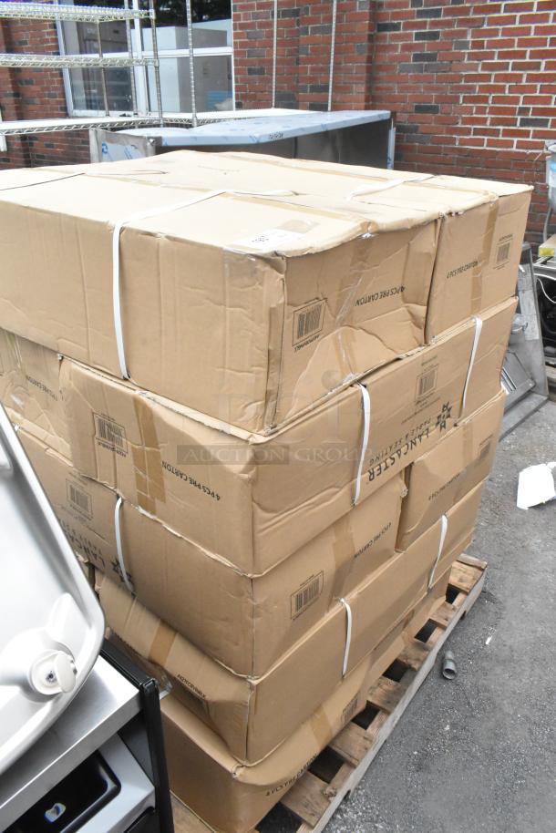 10 boxes of Lancaster Table & Seating black resin folding chairs. Boxes show scratches and dents. Each contains 4 chairs with vinyl seats.