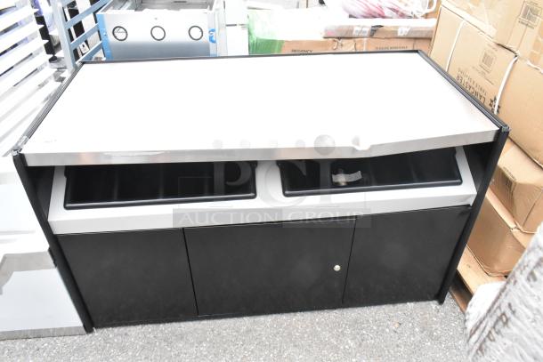 Brand new All State Manufacturing 168OCS490 coffee stand, 49"x23.25"x34", with two condiment trays. Minor scratches.