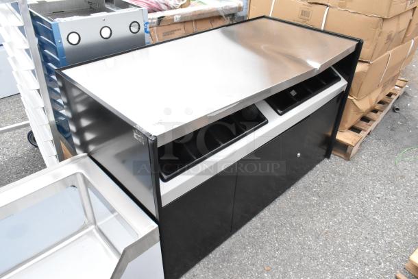 Brand new All State Manufacturing 49"x23.25"x34" coffee stand, OCS490 model, with two condiment trays, slight dent visible, stainless surface.
