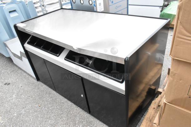 Brand new All State Manufacturing 49" x 23 1/4" x 34" scratch and dent coffee stand with two condiment trays.