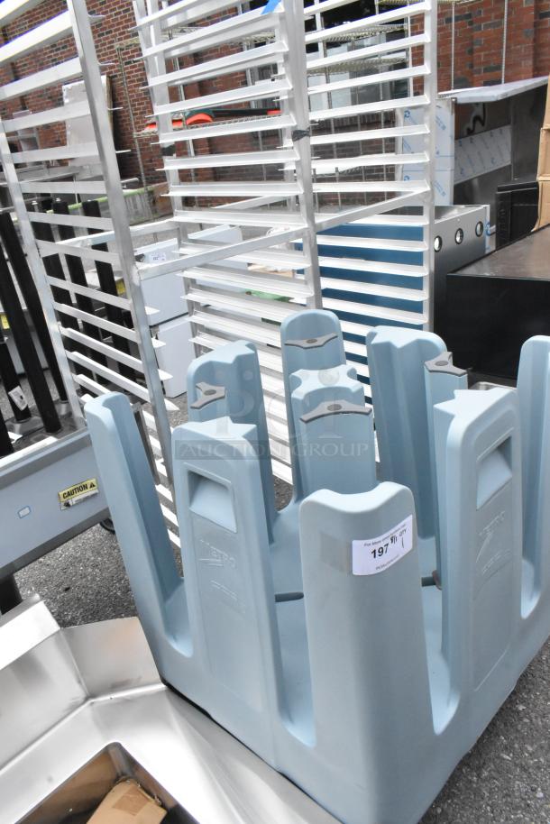 Brand new Metro PCD blue poly dish cart with minor scratches and dents, on commercial casters. Tags show item number 197.