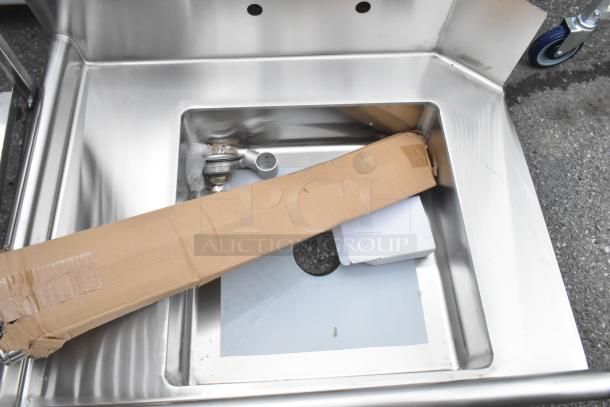 Brand new Regency 600DDT36L 3' soiled dish table, 16 gauge, left drainboard, minor scratches, includes parts in box.