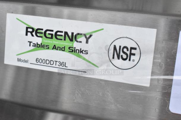 BRAND NEW Regency 600DDT36L 3' soiled dish table, 16-gauge, left drainboard, NSF certified, labeled with model info.