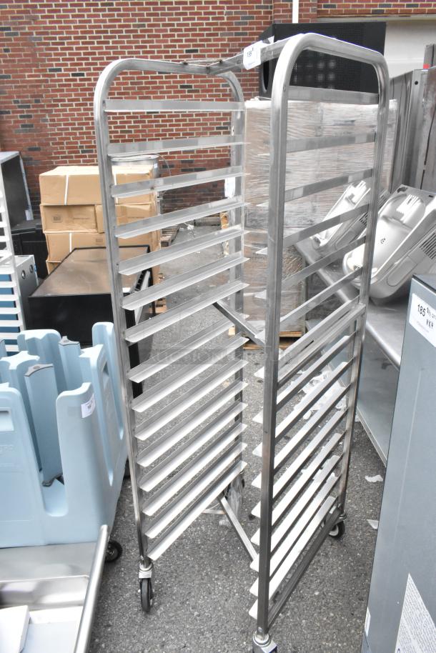 BRAND NEW Channel 402SN 15 Pan End Load Stainless Steel Nesting Bun Sheet Pan Rack on commercial casters, scratch and dent.