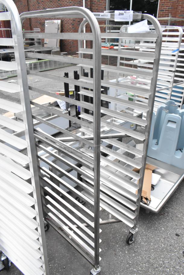 BRAND NEW Channel 402SN 15 Pan Stainless Steel Bun Rack, scratch and dent, on commercial casters, end load nesting design.