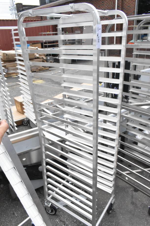 Brand new Regency 600STPR20KD aluminum steam table pan rack, holds 20 pans, on commercial casters, scratch and dent condition.