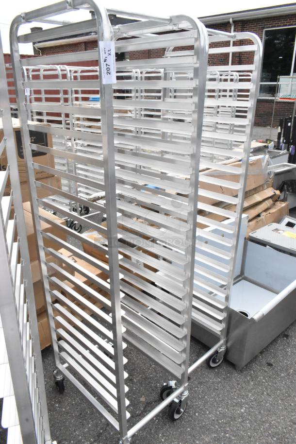 Brand new Regency 600STPR20KD 20 pan aluminum steam table pan rack on commercial casters, scratch and dent condition.
