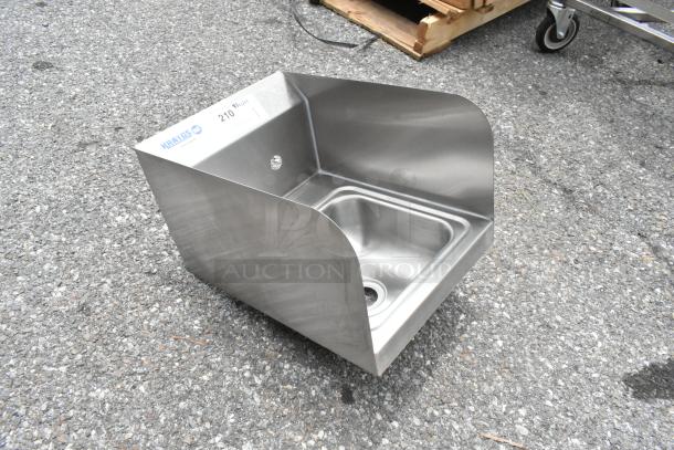 Brand new Kratos 28W-091 stainless steel single bay wall mount sink, scratch and dent condition, visible protective labels.