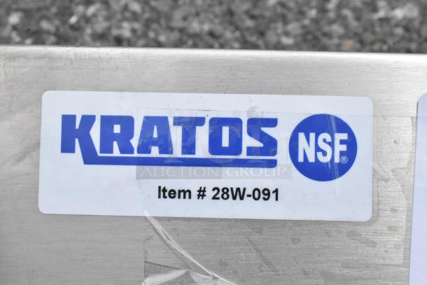 Brand new Kratos 28W-091 stainless steel single bay wall mount sink with NSF certification visible.
