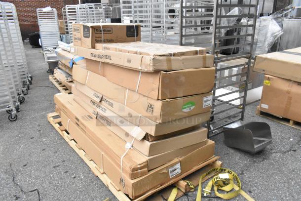 13 new scratch and dent items including Steelton speed rail, Regency pan rack, Cambro kits, Regency rack shelf, Lavex baby station.