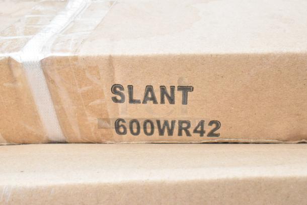 Box labeled "SLANT 600WR42" containing a Regency 42" Wall Mounted Slanted Rack Shelf. New condition.