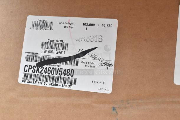 Box with shipping label showing product code CPSK2460V5480, weight 103 lbs, and barcode details.